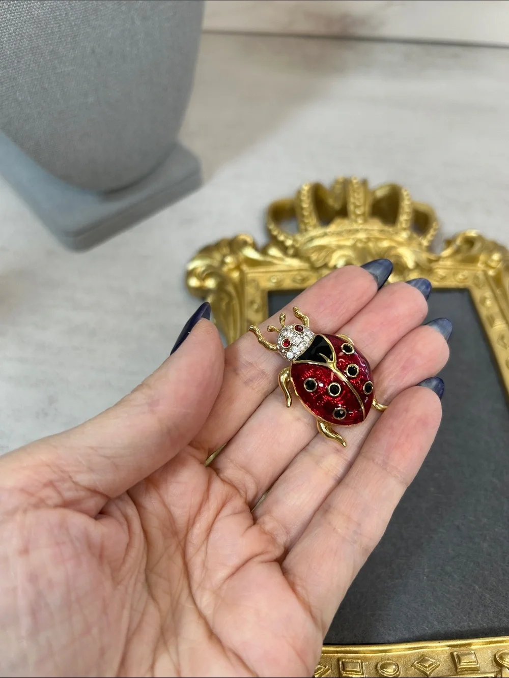 Red Enamel & Crystal Ladybug Pin Brooch